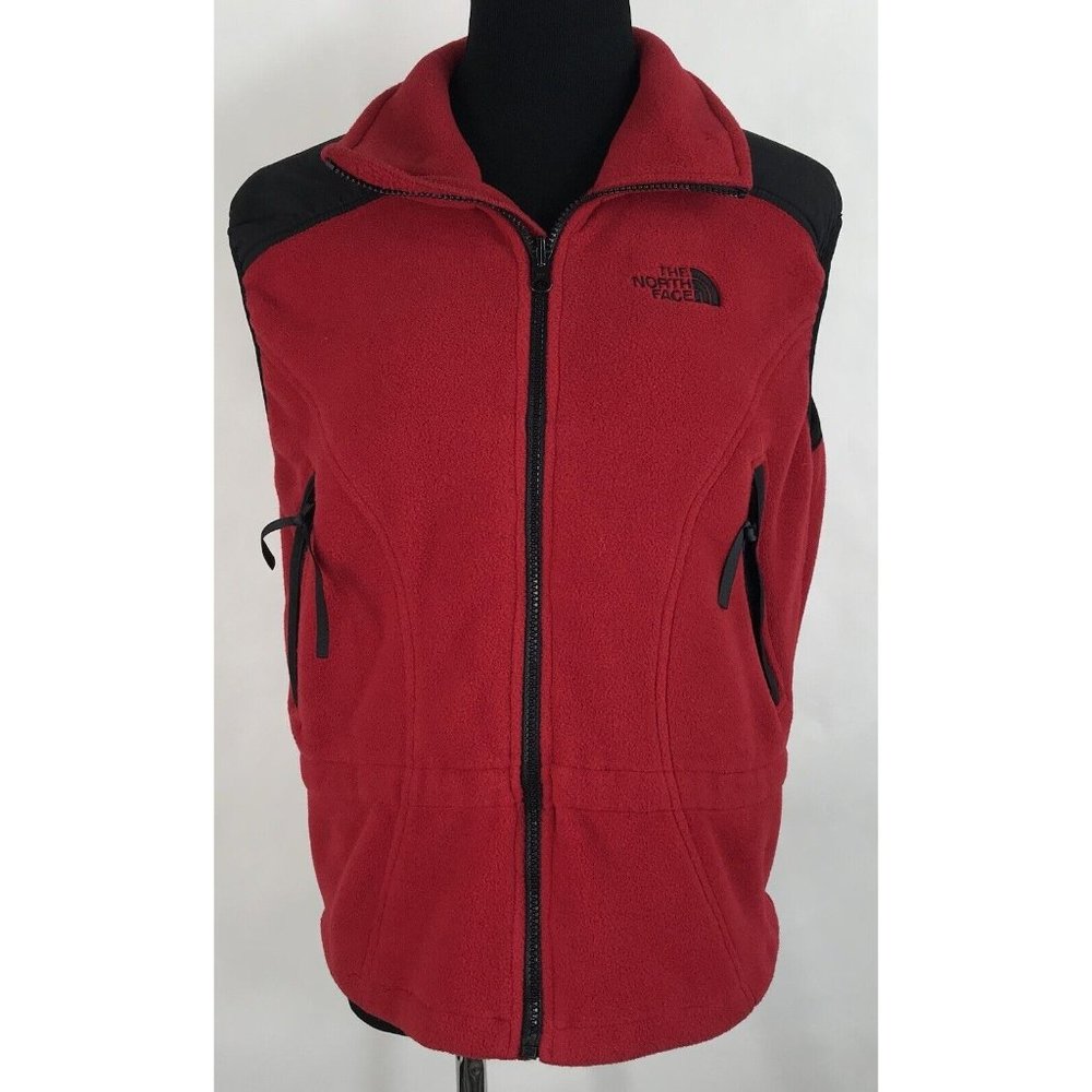Vintage The North Face Womens Vest Size Small S Red Fleece Black Zipper Pockets